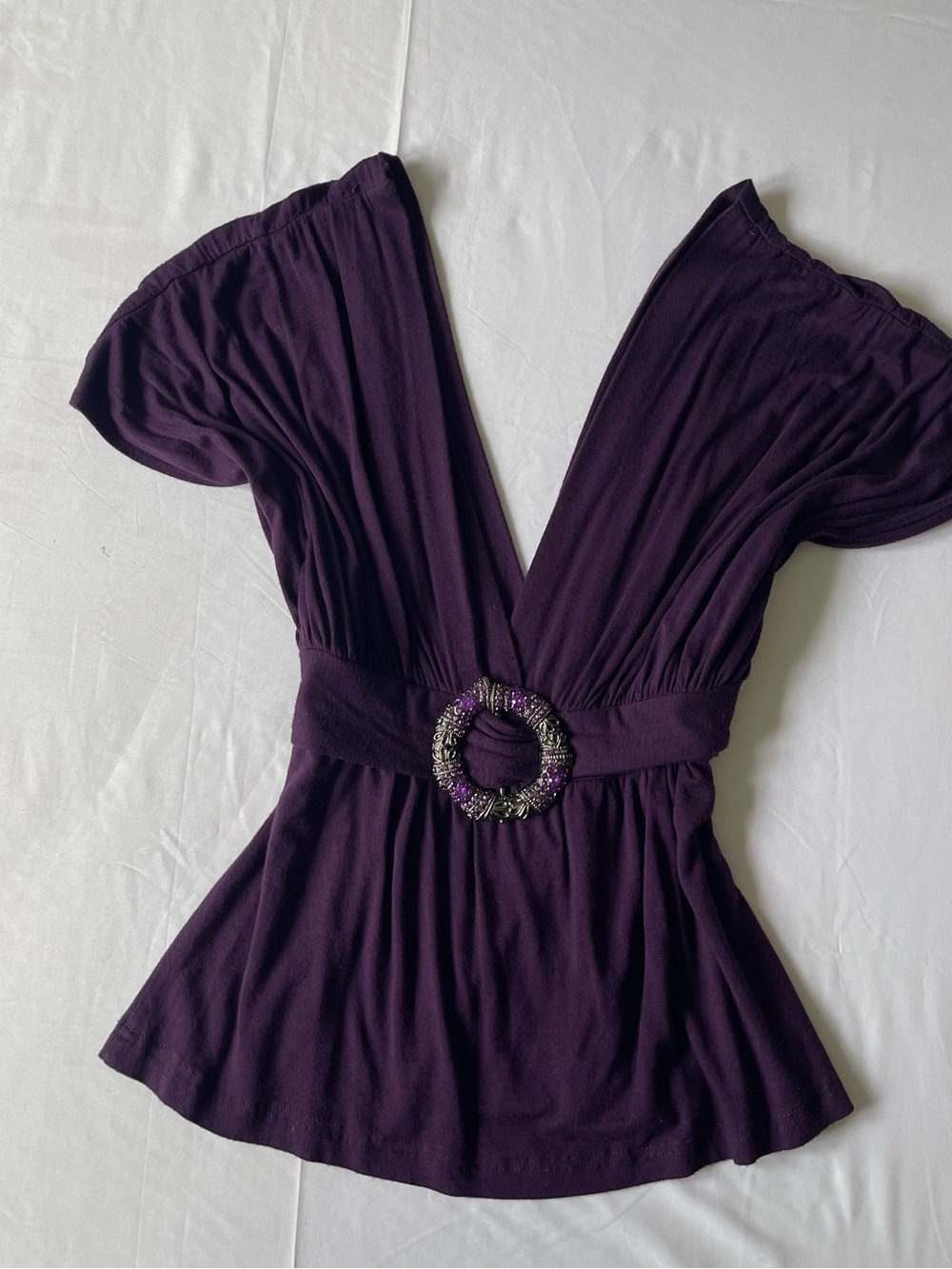 Deep Purple V-Neck Women's Top with Decorative Buckle